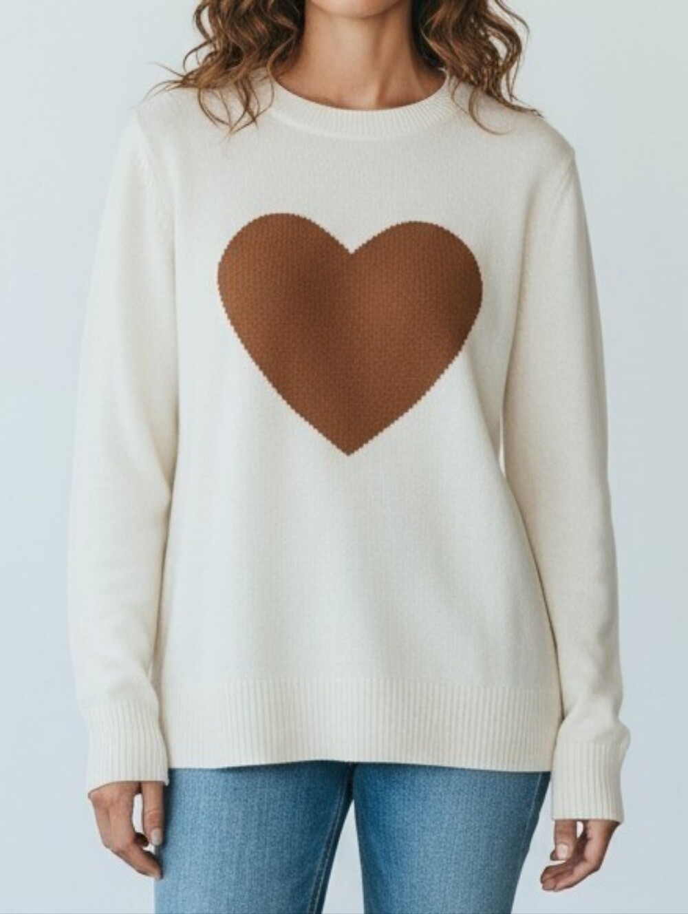 J. Crew Cream and Tan Heart Crew Neck long sleeve sweater S
